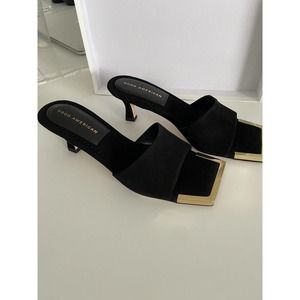 Good American The Standout Square Toe Kitten Heel Black Gold Size 7 GA023S-X NEW